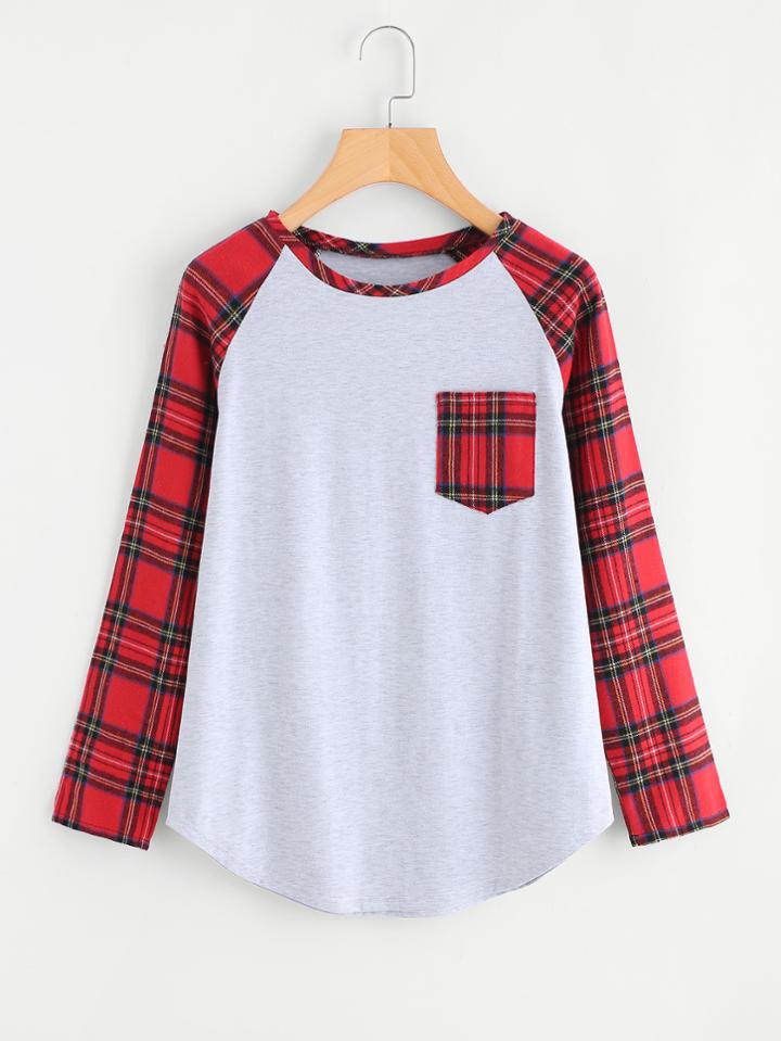 Romwe Raglan Sleeve Color Block Checked Tee