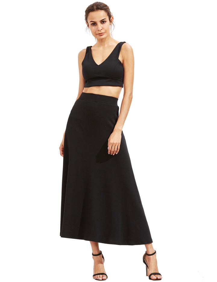 Romwe Black High Waist Long Skirt