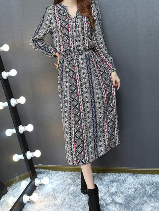 Romwe V Neck Vintage Print Long Dress