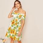 Romwe Sunflower Print Shirred Bardot Dress