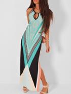 Romwe Keyhole Graphic Print Slit Maxi Green Dress