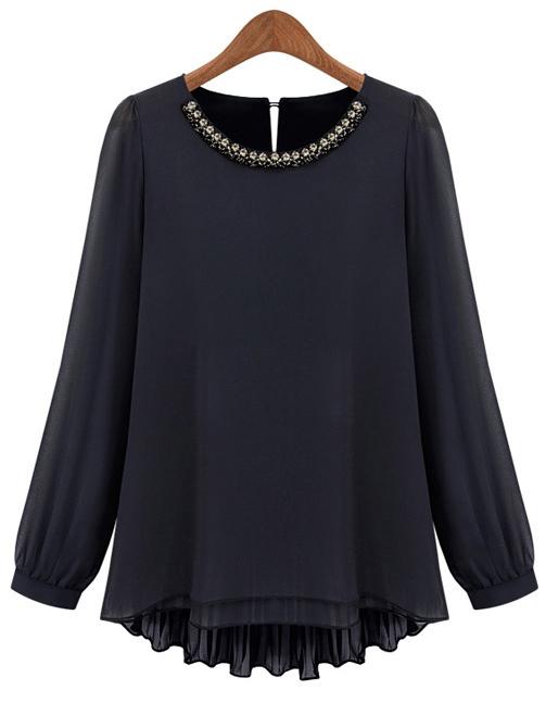 Romwe Chiffon Pleated Beaded Black Shirt
