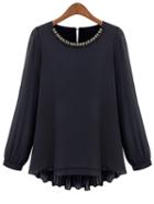 Romwe Chiffon Pleated Beaded Black Shirt