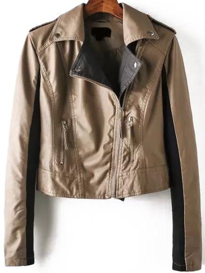 Romwe Lapel Contrast Sleeve Zipper Khaki Jacket