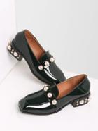 Romwe Dark Green Pearl Studded Patent Leather Low Heel Loafers