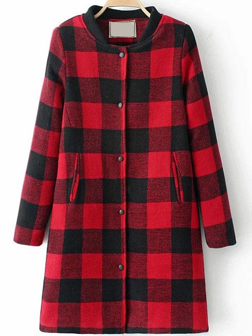Romwe Stand Collar Plaid Black And Red Coat