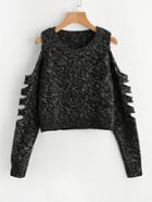 Romwe Ladder Cutout Sleeve Marled Knit Jumper