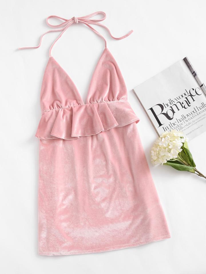 Romwe Velvet Halter Neck Frill Trim Dress