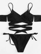 Romwe Cold Shoulder Cross Wrap Bikini Set