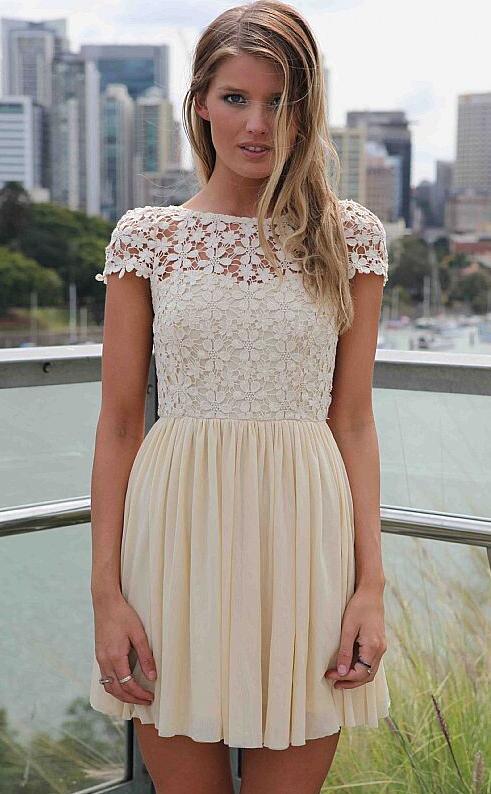 Romwe Backless Lace Pleated Apricot Dress
