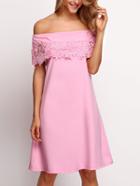 Romwe Pink Off The Shoulder Lace Shift Dress