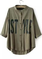 Romwe Dip Hem Stand Collar Letter Print Army Green Blouse