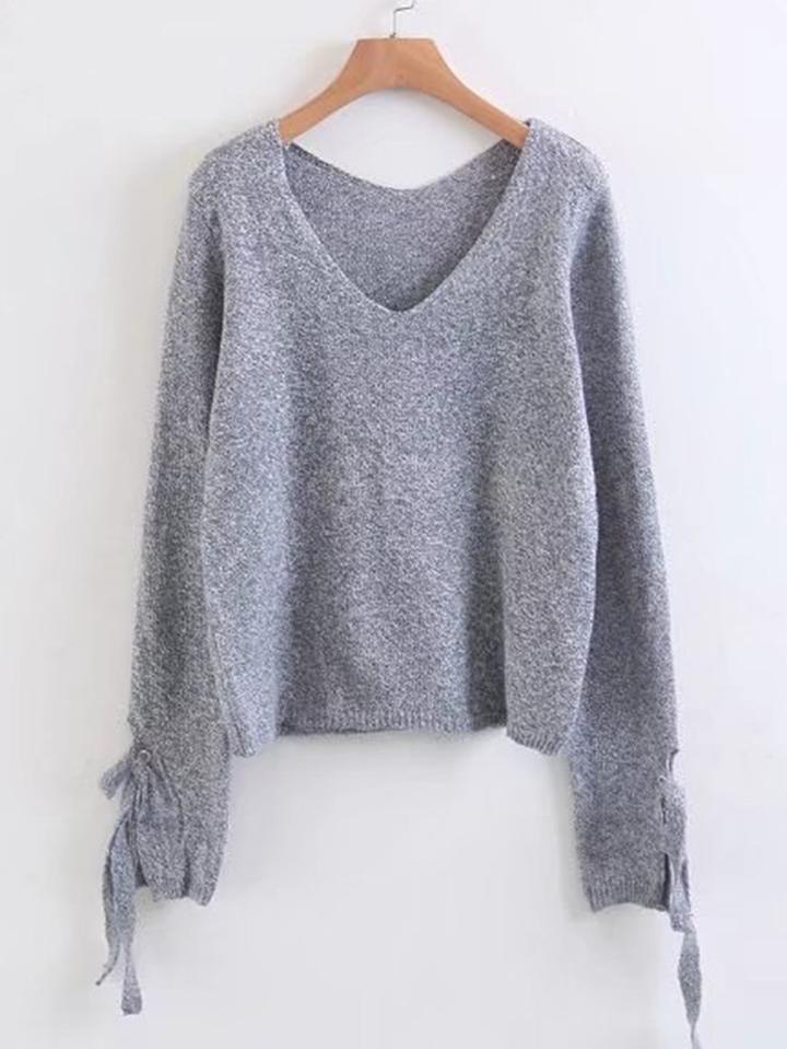Romwe Eyelet Lace Up Cuff Marled Knit Sweater