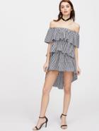Romwe Off Shoulder Checkered High Low Layered Dress