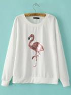 Romwe White Cranes Sequined Long Sleeve Sweatshirt