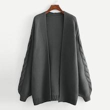 Romwe Cable Knit Lantern Sleeve Open Front Cardigan