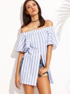 Romwe Blue Vertical Striped Off The Shoulder Slit Top