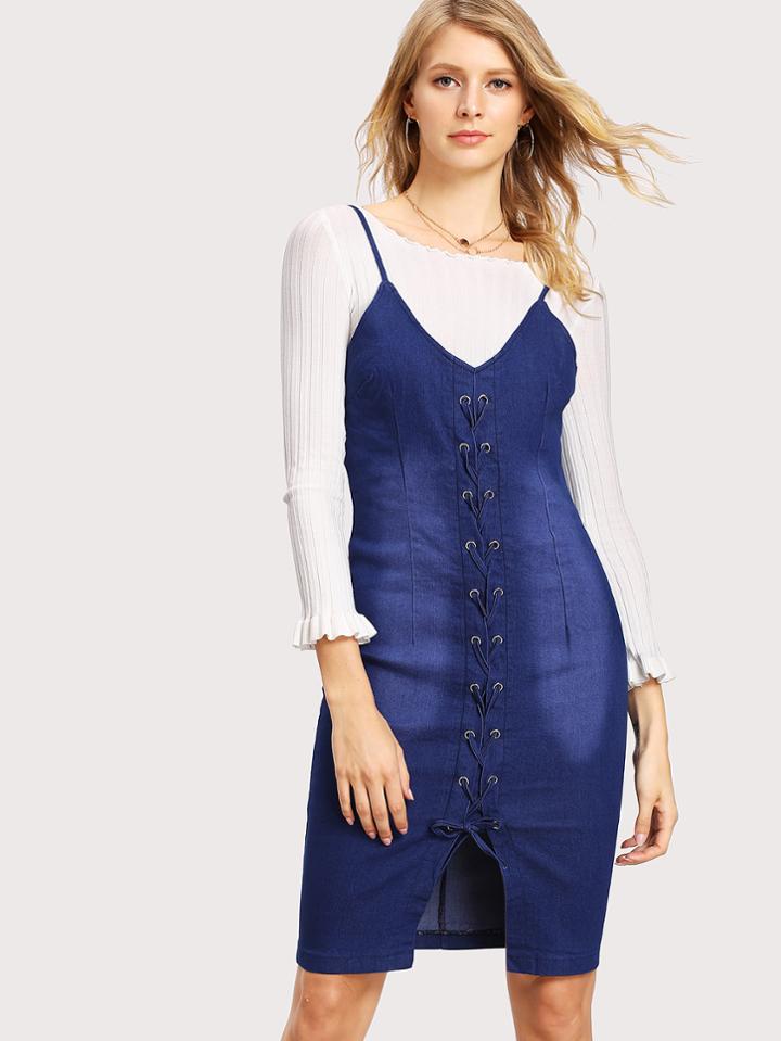 Romwe Lace Up Front Denim Cami Dress