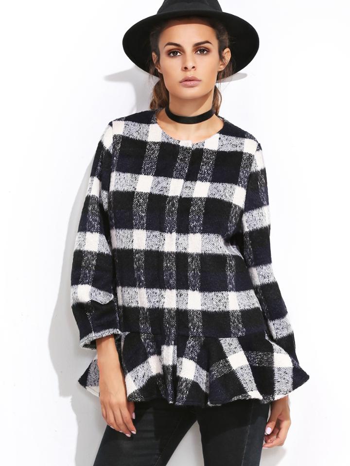 Romwe Navy Plaid Hidden Button Ruffle Hem Coat