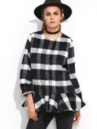 Romwe Navy Plaid Hidden Button Ruffle Hem Coat
