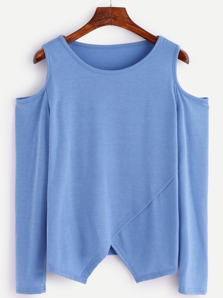 Romwe Blue Open Shoulder Asymmetric Hem T-shirt