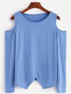Romwe Blue Open Shoulder Asymmetric Hem T-shirt