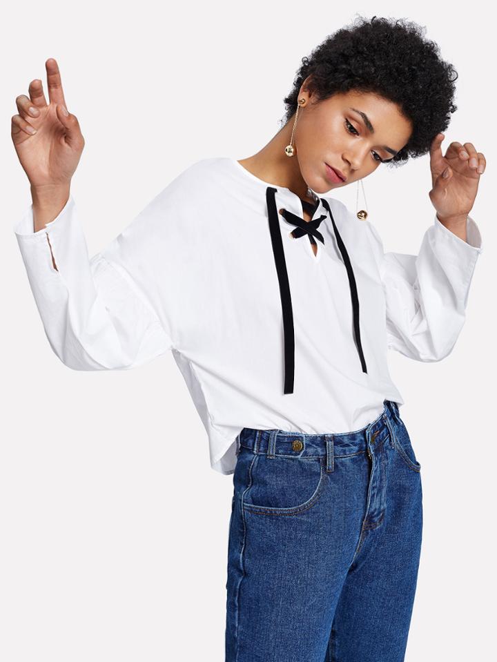 Romwe Eyelet Lace Up Drop Shoulder Top