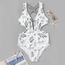 Romwe Leaf & Leopard Print Criss Cross One Piece Swim