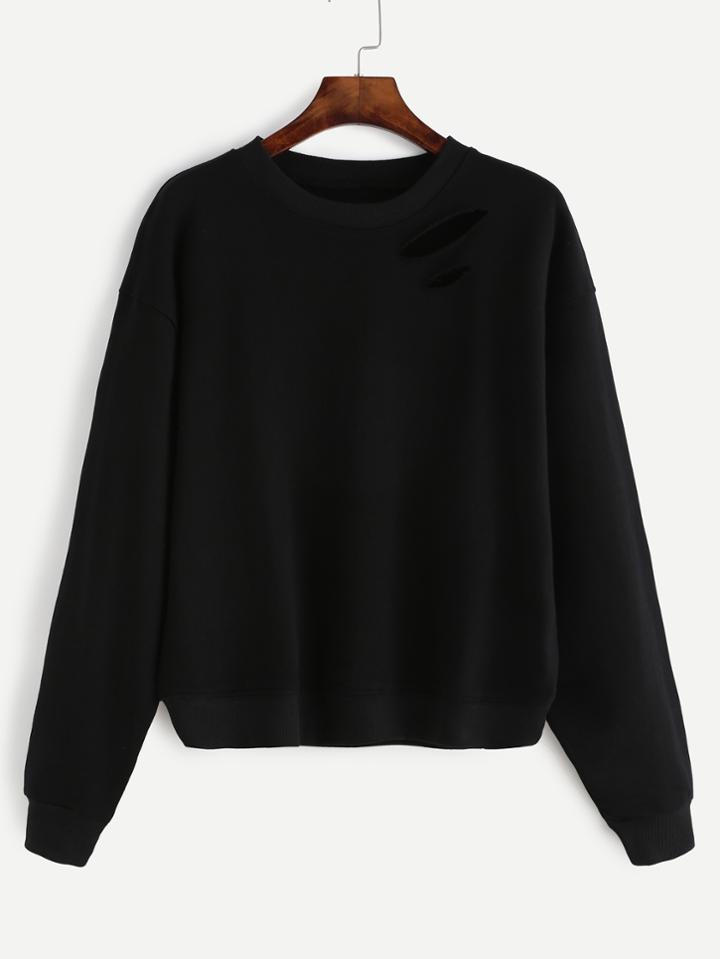 Romwe Black Dropped Shoulder Seam Ripped Sweatshirt