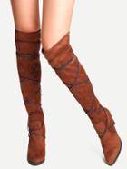 Romwe Brown Point Toe Tie Back Fold Over Boots