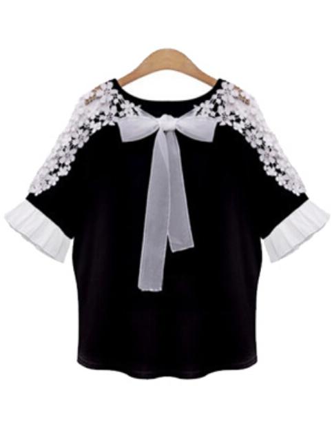 Romwe Hollow Embroidered Bow Black Blouse