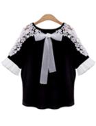 Romwe Hollow Embroidered Bow Black Blouse