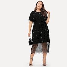 Romwe Plus Lace Panel Pearl Beaded Dress