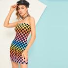 Romwe Ombre Checkered Bodycon Strapless Dress
