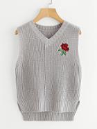 Romwe Rose Embroidered Patch Dip Hem Split Side Knit Vest