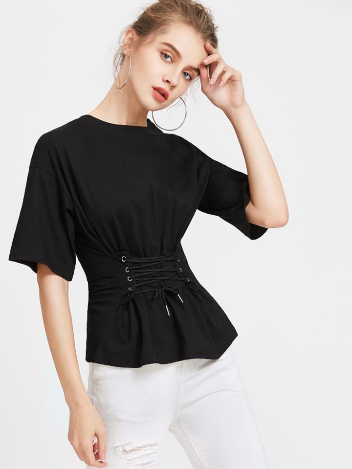 Romwe Eyelet Lace Up Tee