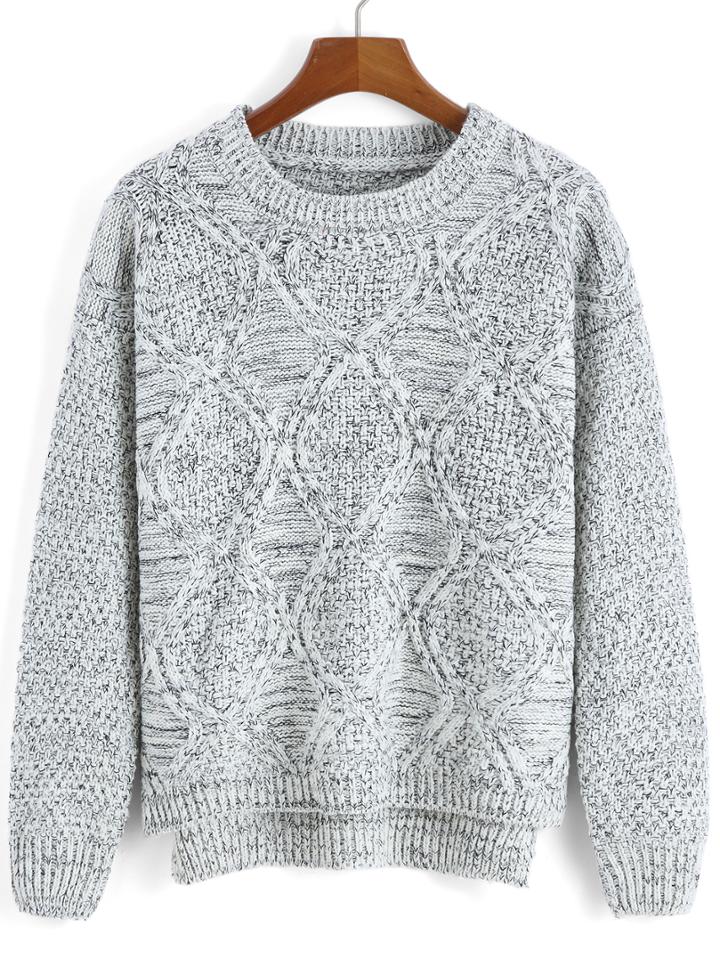 Romwe Dip Hem Slit Diamond Pattern White Sweater