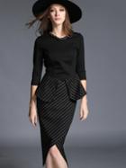 Romwe Black Round Neck Length Sleeve Bodycon Two Pieces Dress