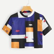 Romwe Lip And Eye Print Patchwork Tee