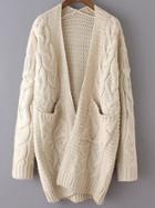 Romwe Beige Long Sleeve Cable Knit Pockets Cardigan