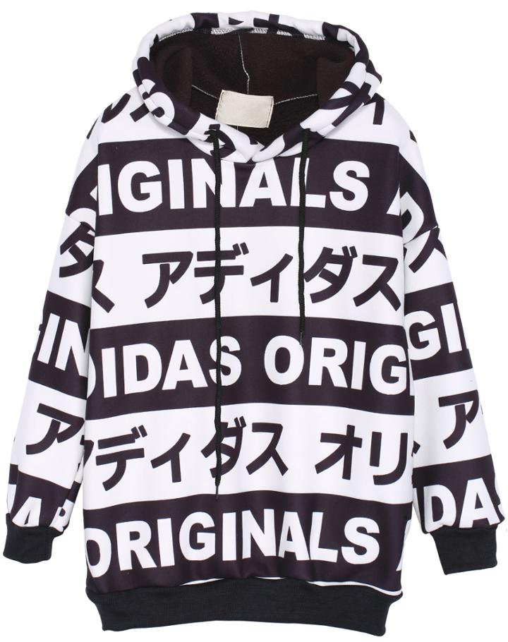 Romwe Hooded Letters Print Black And White Sweatshirt