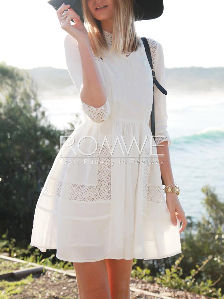 Romwe White With Lace Flare Dress