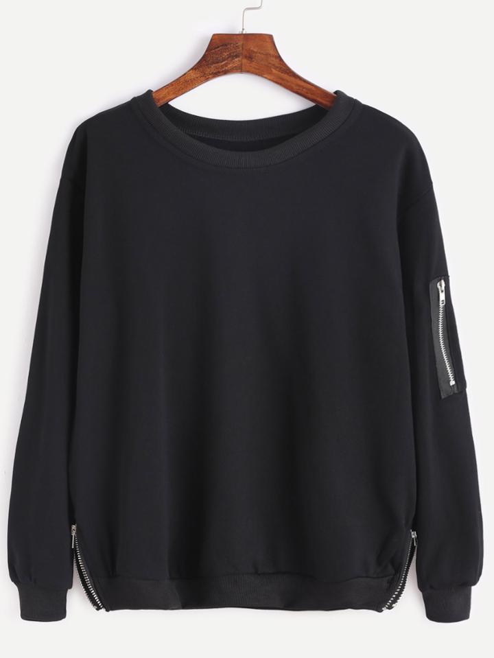 Romwe Black Zip Detail Casual Sweatshirt