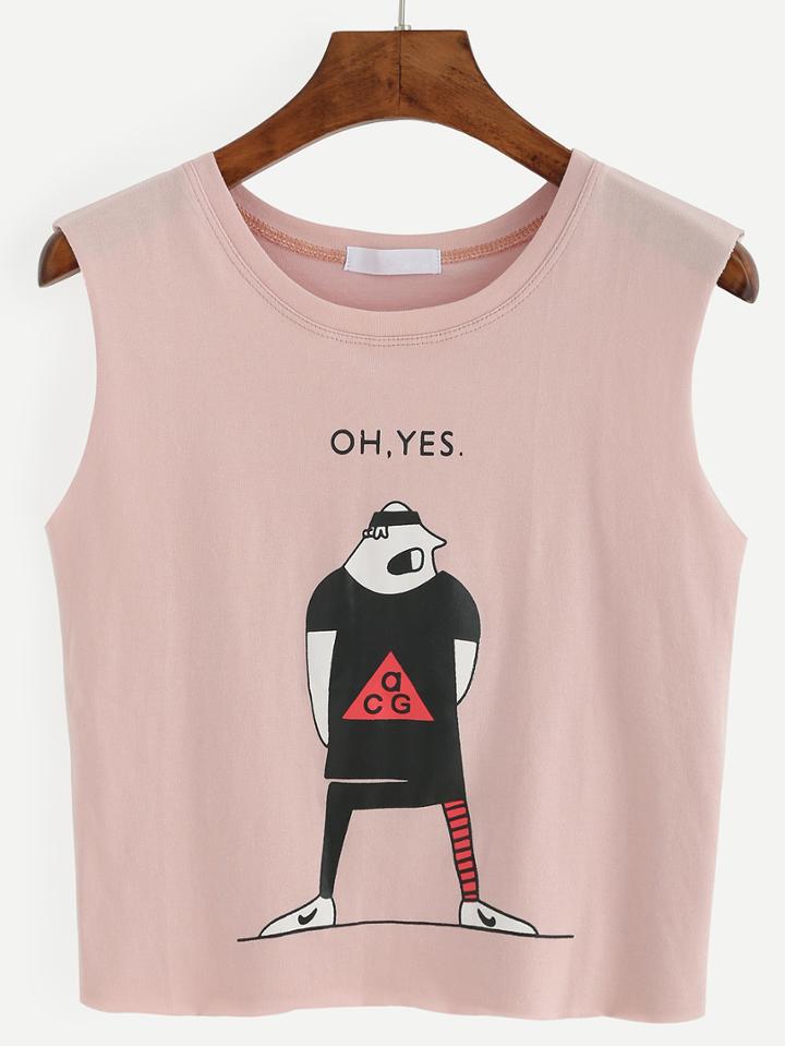 Romwe Pink Cartoon Slogan Print Crop Tank Top