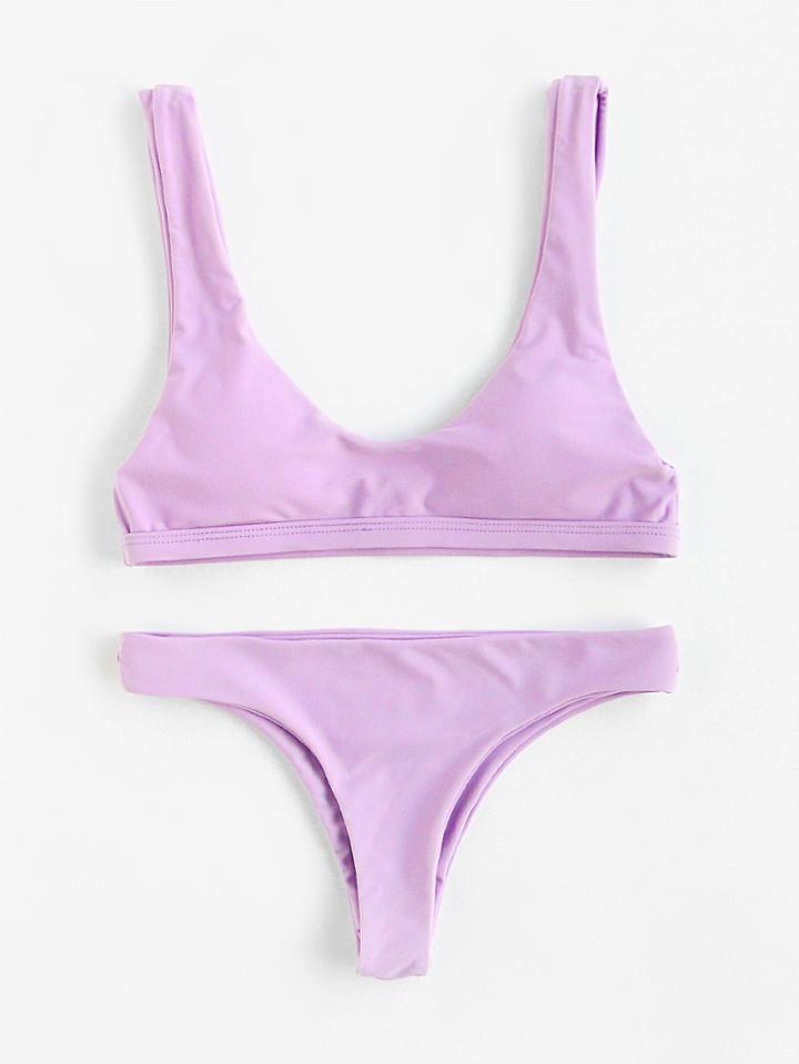 Romwe Double Scoop Neck Beach Bikini Set