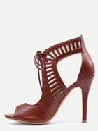 Romwe Brown Laser Cut Lace-up Peep Toe Heels