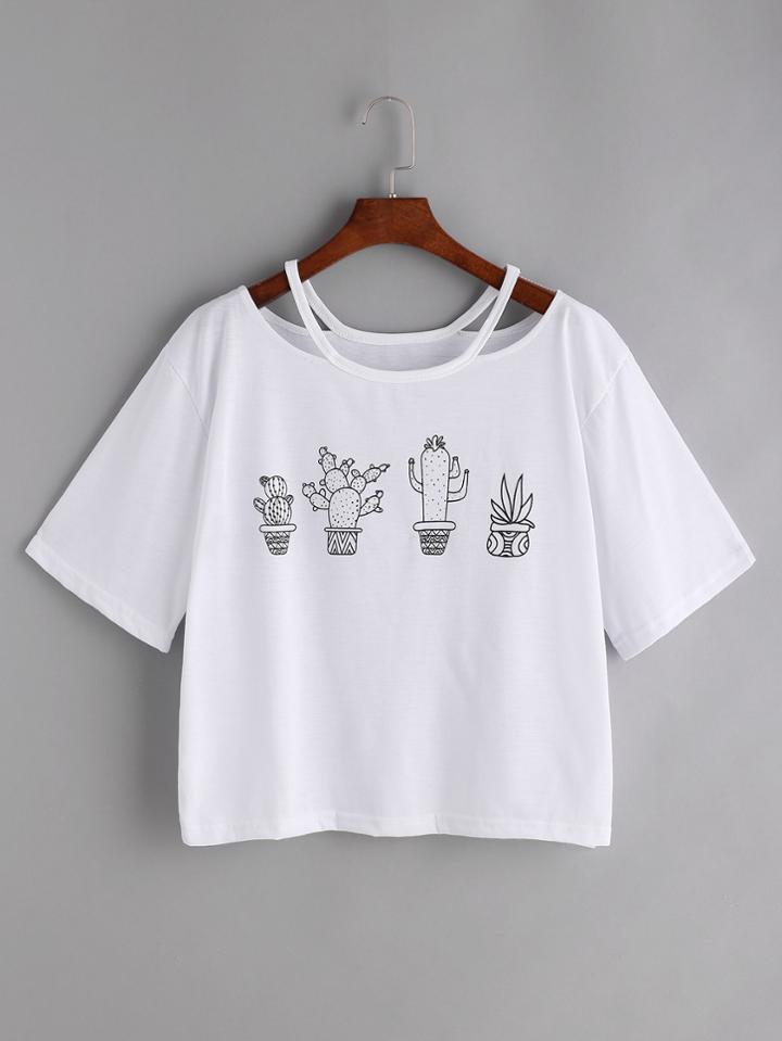 Romwe White Cactus Print Cut Out Neck T-shirts