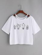 Romwe White Cactus Print Cut Out Neck T-shirts