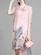 Romwe Pink V Neck Gauze Print High Low Dress