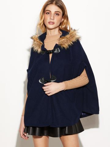 Romwe Bow Back Faux Fur Trim Horn Button Cape Coat